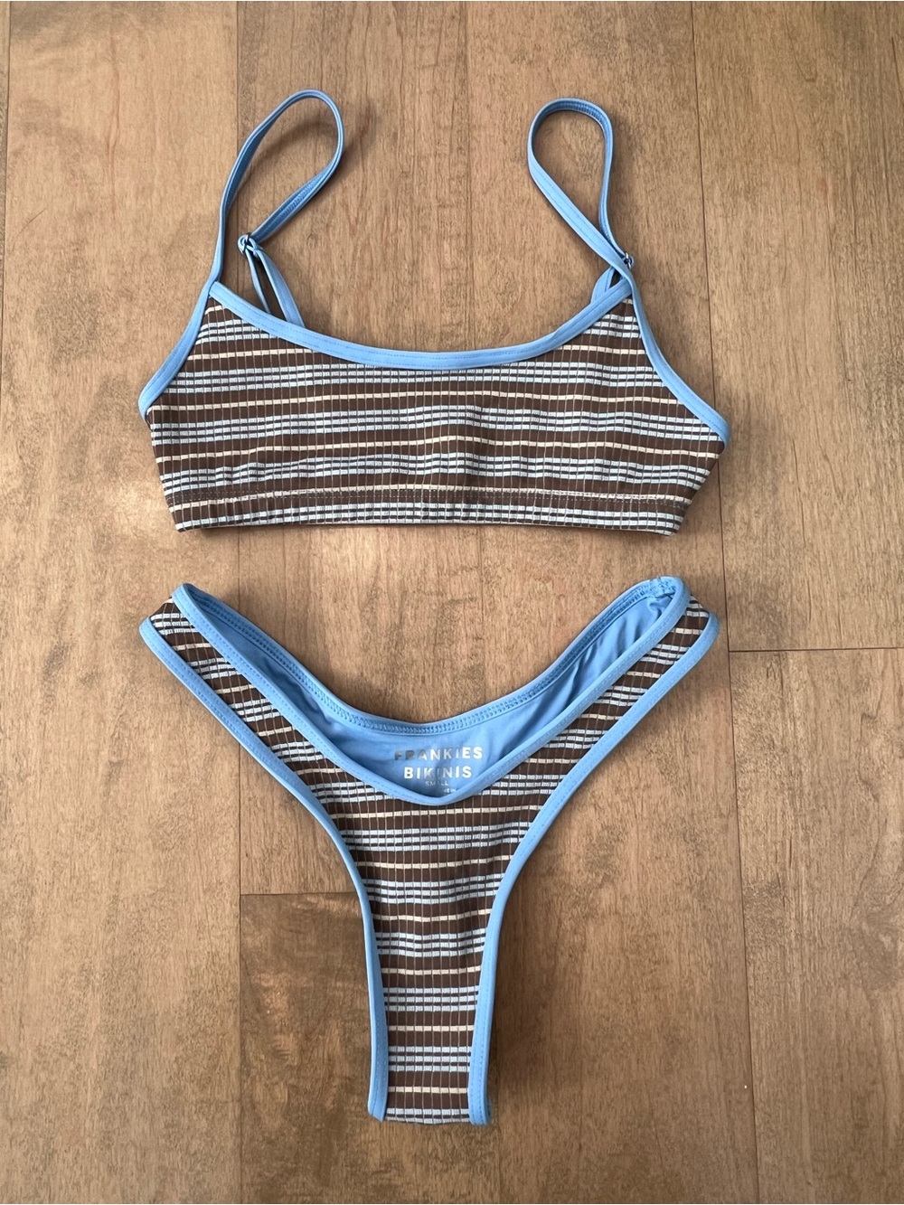 Frankie's Bikinis Brown Stripe Bikini with Light Blue Trim